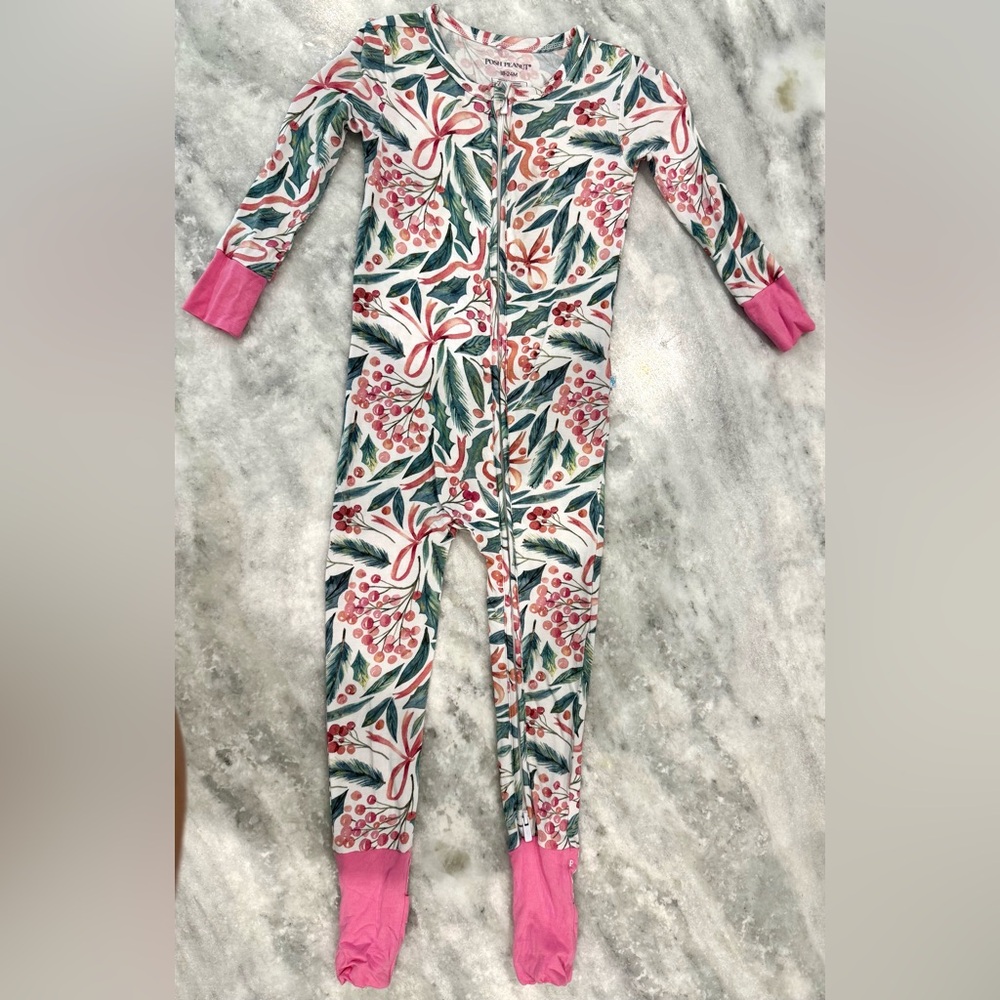 Posh Peanut Pink & Green Holiday Berry Print Footed Pajamas